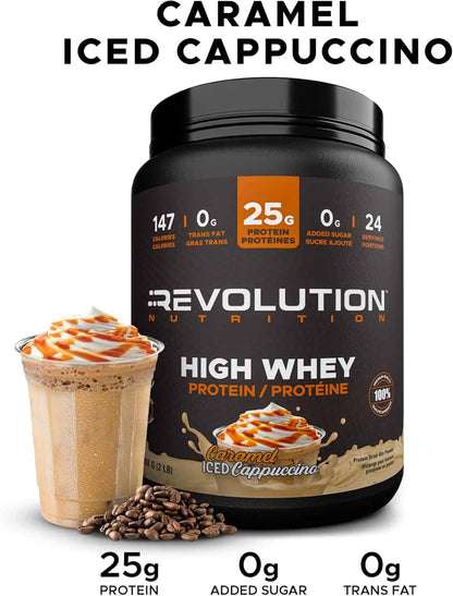 Revolution Nutrition High Whey Protein Powder in Caramel Iced Cappuccino flavor with a protein shake and coffee beans on a white background.