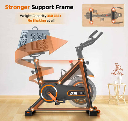Exercise bike with a strong support frame, weight capacity indicator, and DM branding.