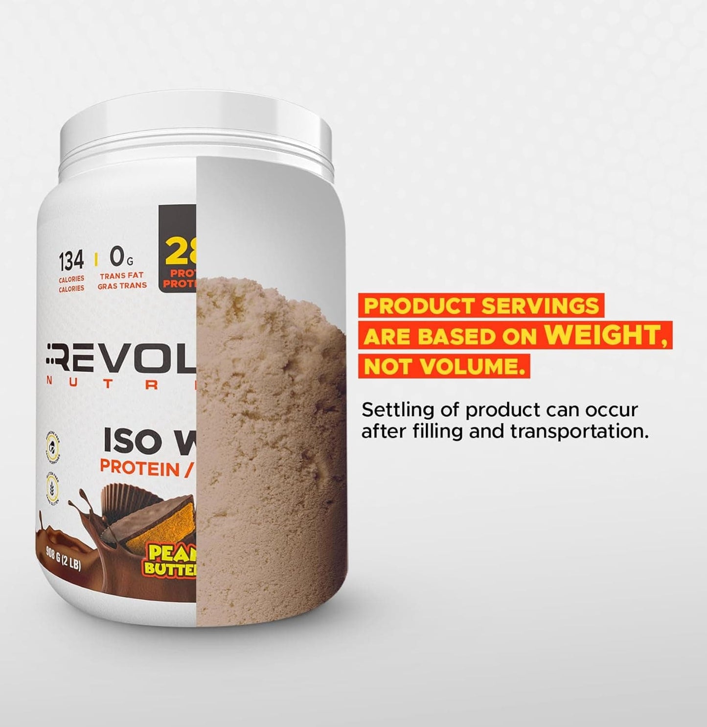 Revol Nutr protein powder container with text on a white background