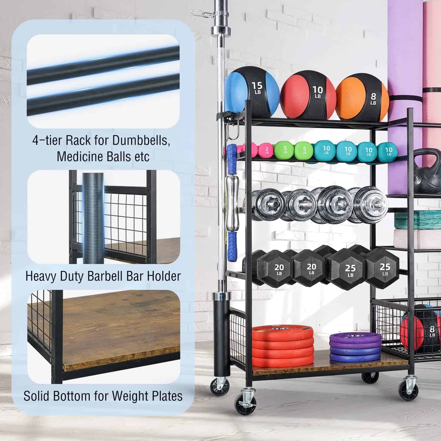 PLKOW All-in-One Home Gym Storage Rack – Dumbbell & Barbell Organizer with Hooks, Wheels, Yoga Mat Holder (550 lb Capacity)