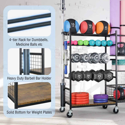 PLKOW All-in-One Home Gym Storage Rack – Dumbbell & Barbell Organizer with Hooks, Wheels, Yoga Mat Holder (550 lb Capacity)