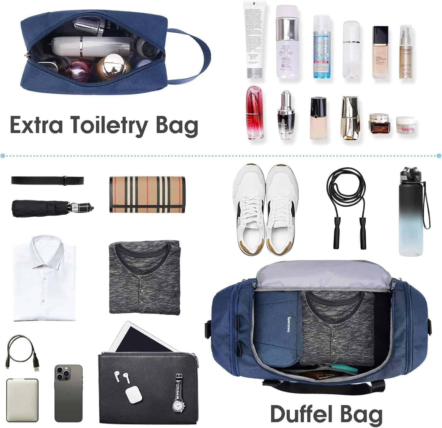 Collection of travel items including toiletries, clothing, and electronic devices with labeled bags.