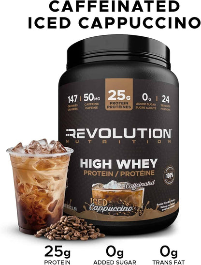 Revolution Nutrition High Whey Protein container with iced cappuccino and coffee beans on a white background