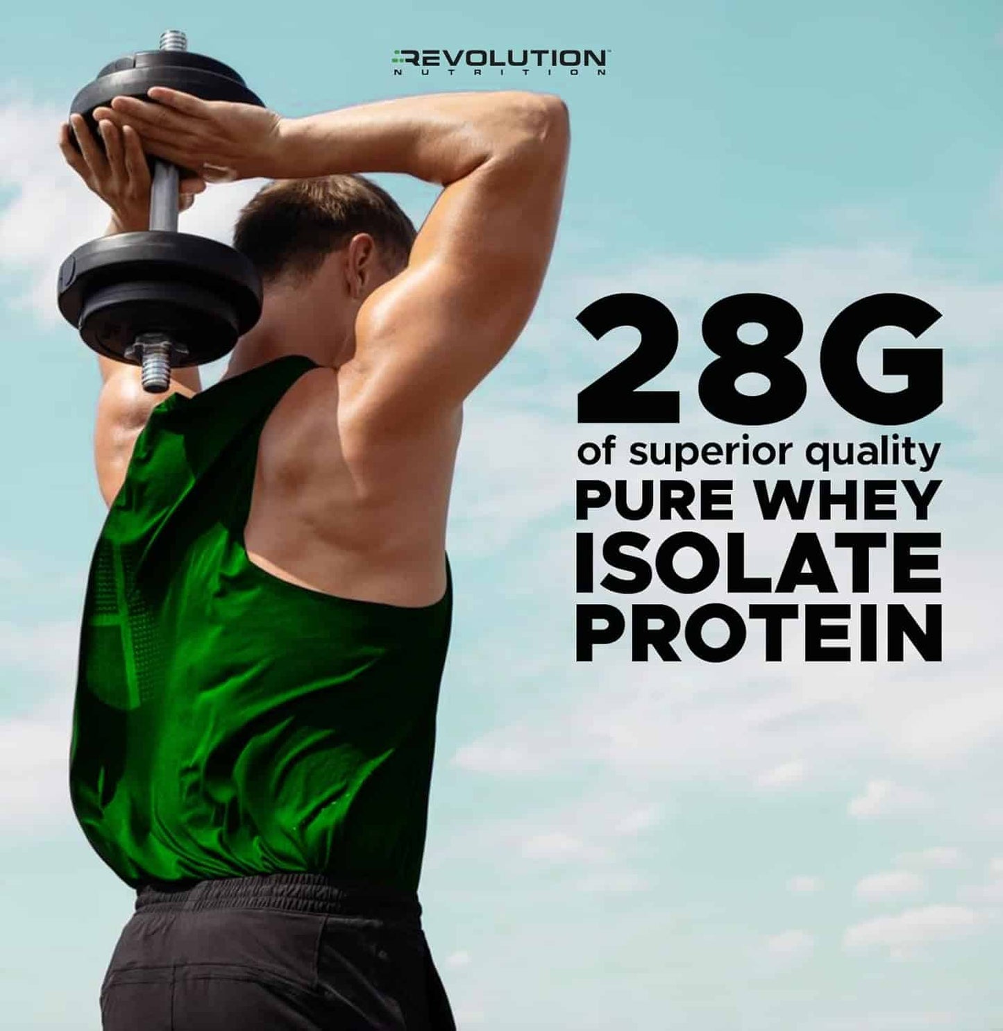 Person lifting weights with text about protein, set against a sky background