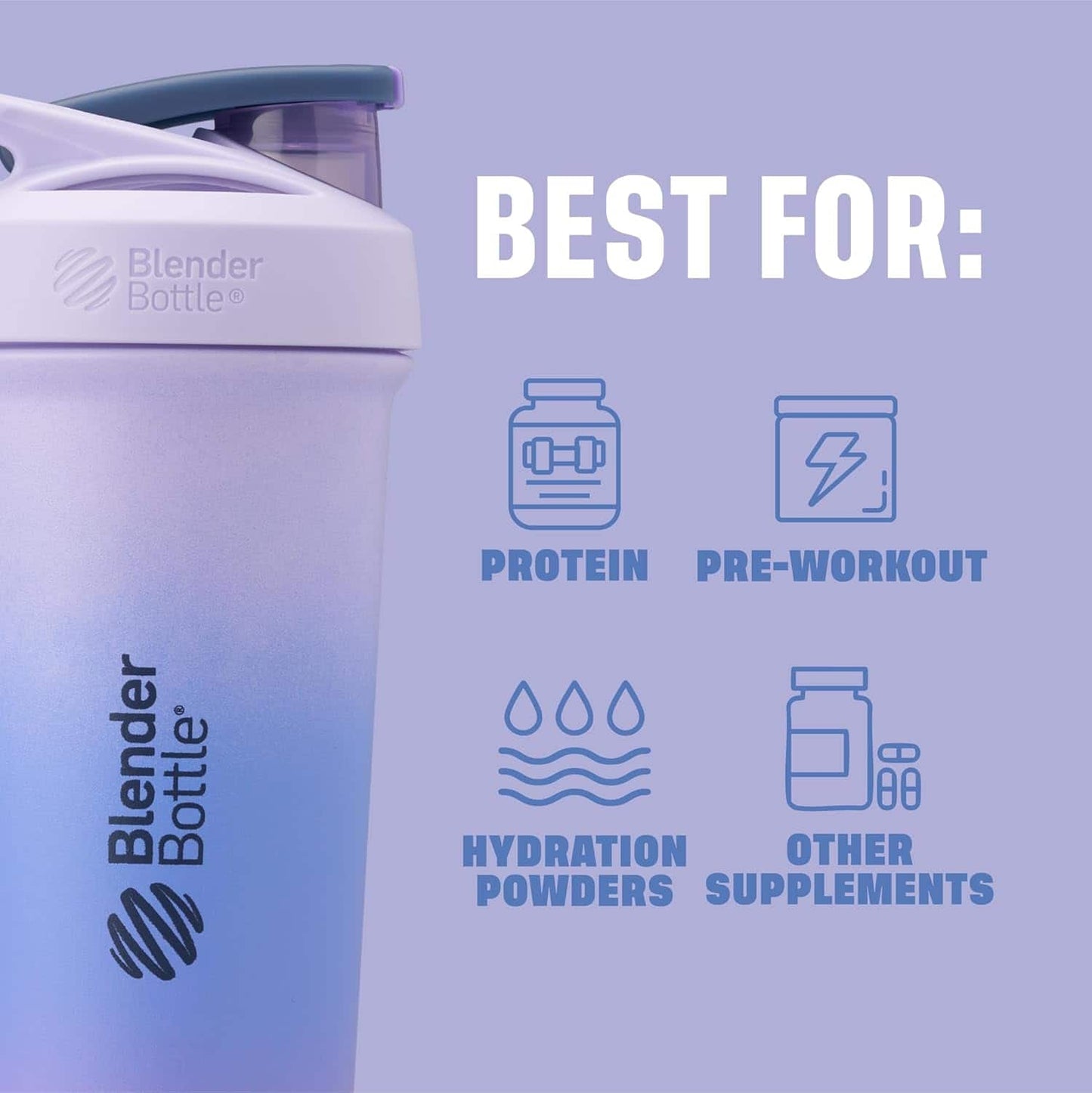 Blender Bottle with text indicating uses on a light purple background