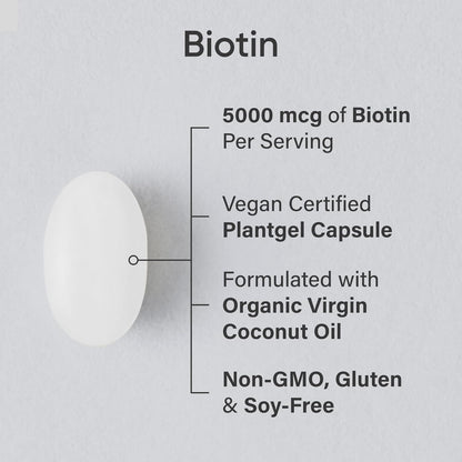 Biotin supplement capsule with text detailing its features on a gray background