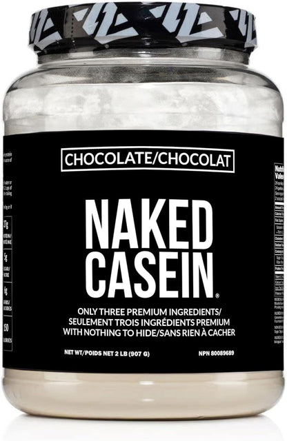 Naked Casein protein powder jar with black label on a white background