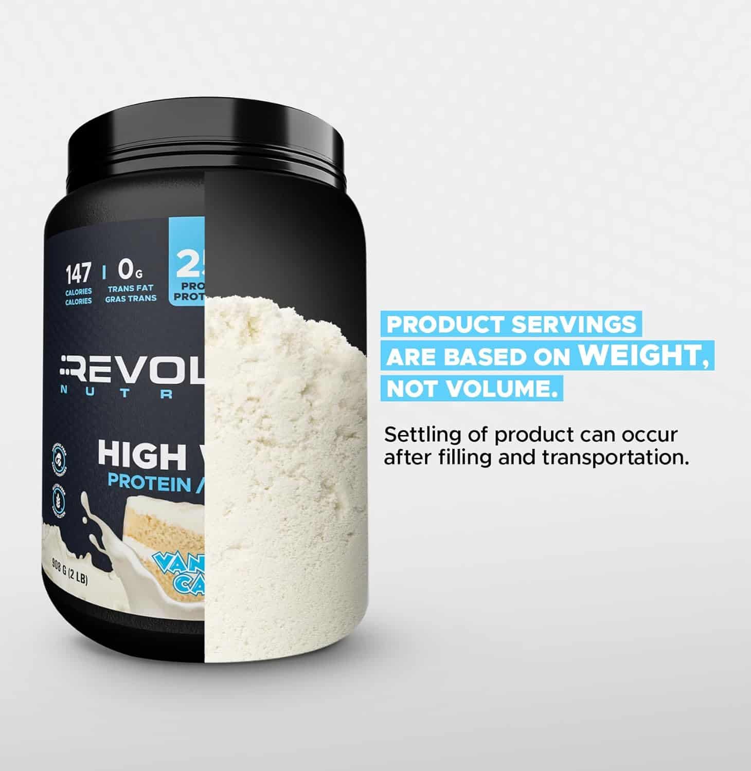 Revol Nutra high protein powder container with text on a light gray background