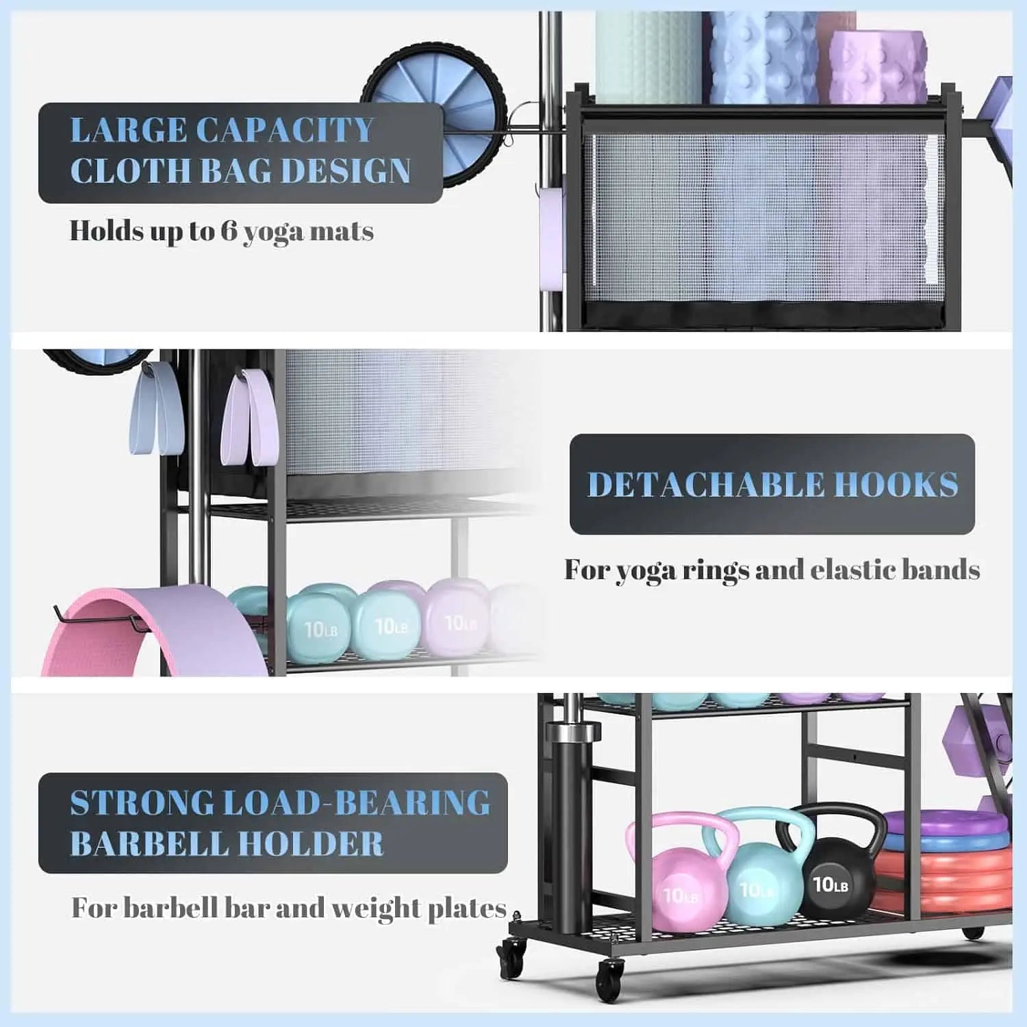 PLKOW All-in-One Home Gym Storage Rack – Dumbbell & Barbell Organizer with Hooks, Wheels, Yoga Mat Holder (550 lb Capacity)
