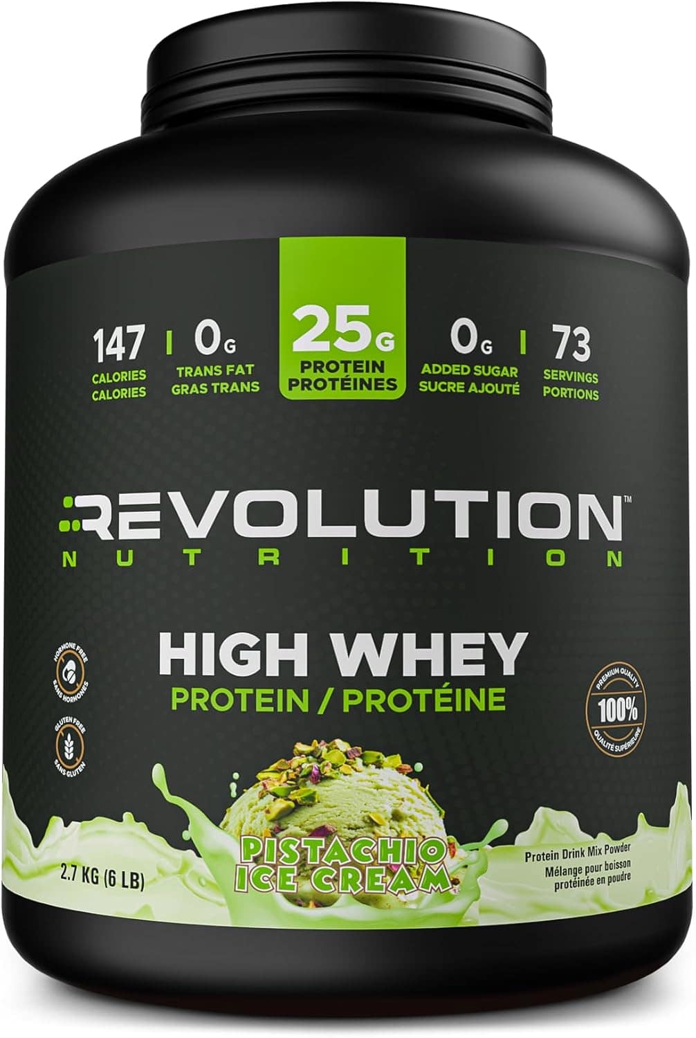 Black container of Revolution Nutrition High Whey Protein with pistachio ice cream flavor on a white background