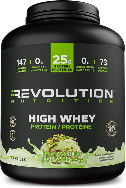 Black container of Revolution Nutrition High Whey Protein with pistachio ice cream flavor on a white background