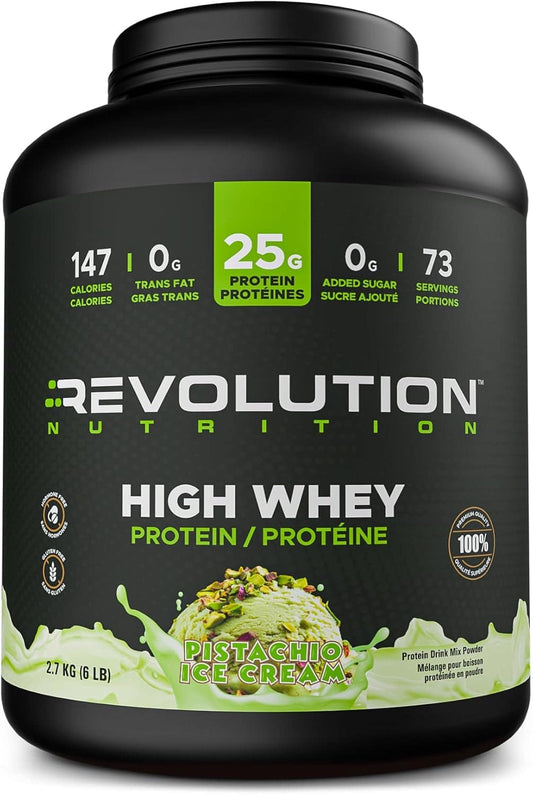 Black container of Revolution Nutrition High Whey Protein with pistachio ice cream flavor on a white background