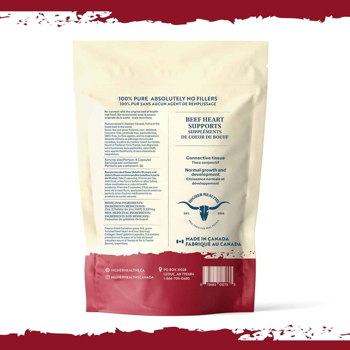 Higher Healths Grass-Fed Beef Heart Supplement – 3000mg Freeze-Dried – CoQ10-Rich Antioxidant – 180 Capsules – Made in Canada