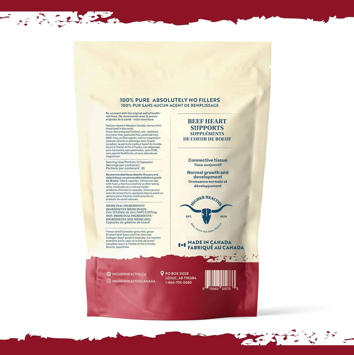 Higher Healths Grass-Fed Beef Heart Supplement – 3000mg Freeze-Dried – CoQ10-Rich Antioxidant – 180 Capsules – Made in Canada