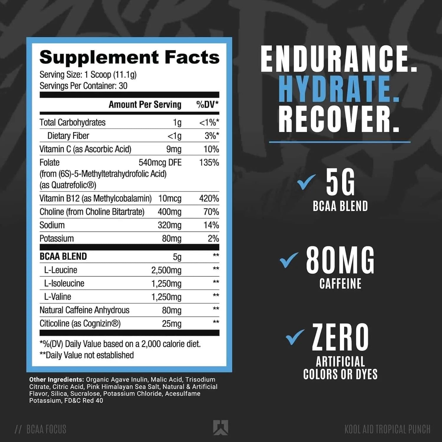 RYSE Element Series BCAA Focus | Tropical Punch | 333g | 5g BCAAs + Natural Caffeine + Cognizin® for Energy, Focus & Recovery