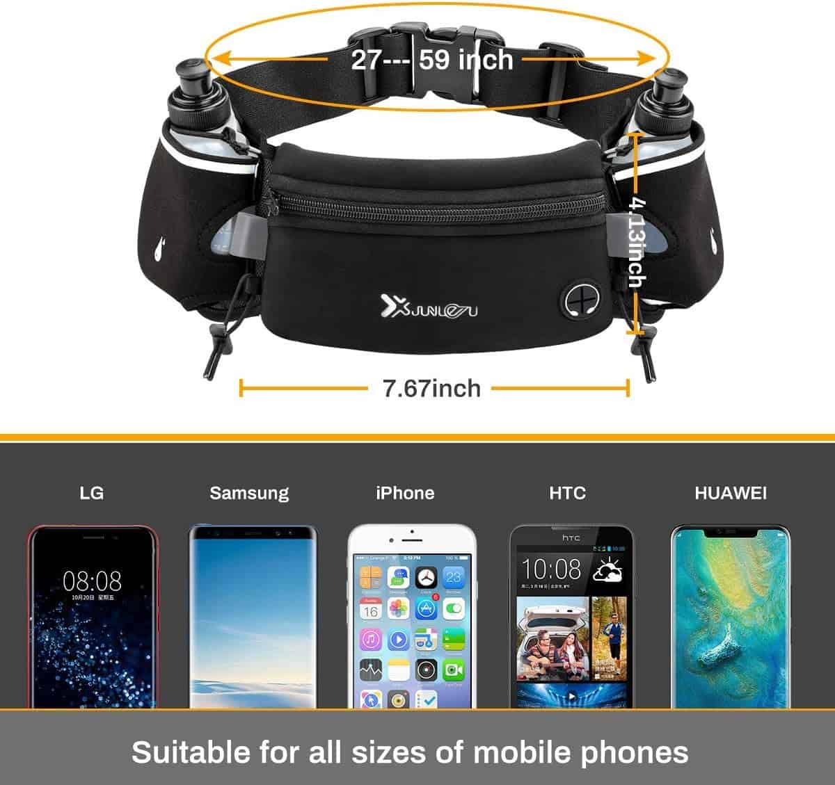 Number-One Running Belt with 2 Water Bottles – Waterproof Hydration Waist Pack with Adjustable Fit for Running, Hiking, Cycling, Marathon (iPhone-Compatible) Number-one