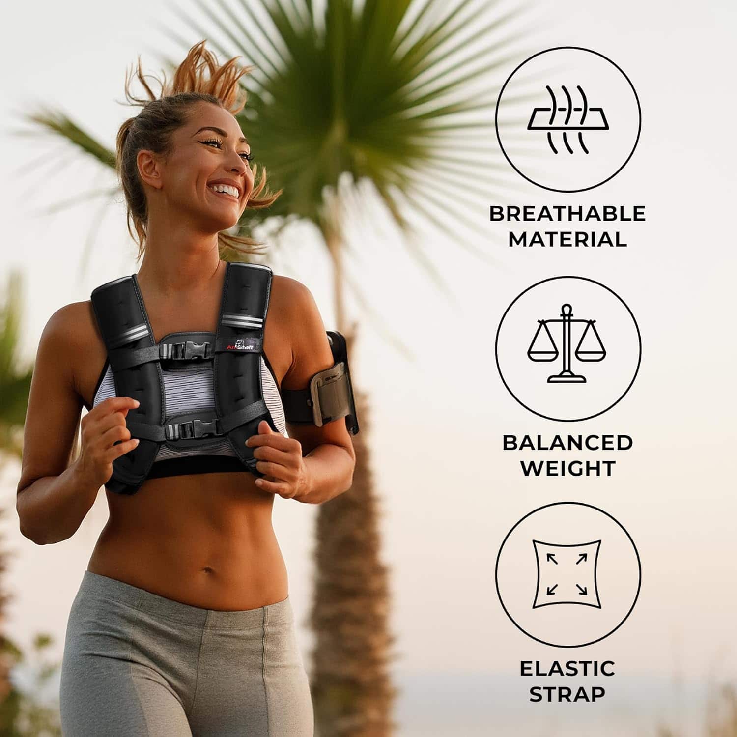Woman wearing a black weighted vest with palm trees in the background