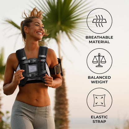 Woman wearing a black weighted vest with palm trees in the background