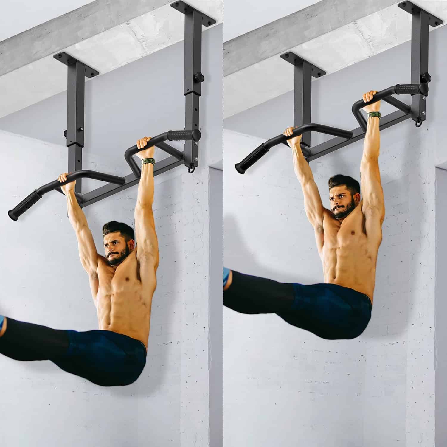 Two men performing pull-ups on a black pull-up bar mounted on a white wall.