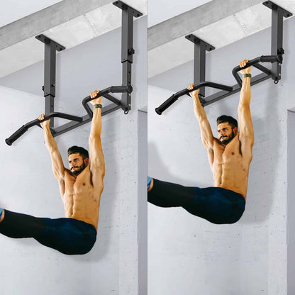 Two men performing pull-ups on a black pull-up bar mounted on a white wall.