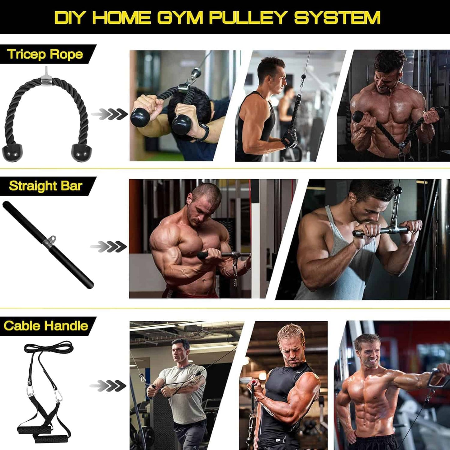 3-in-1 Pulley Cable System – LAT Pulldown, Tricep Rope & Cable Handle for Home Gym Naoeleii