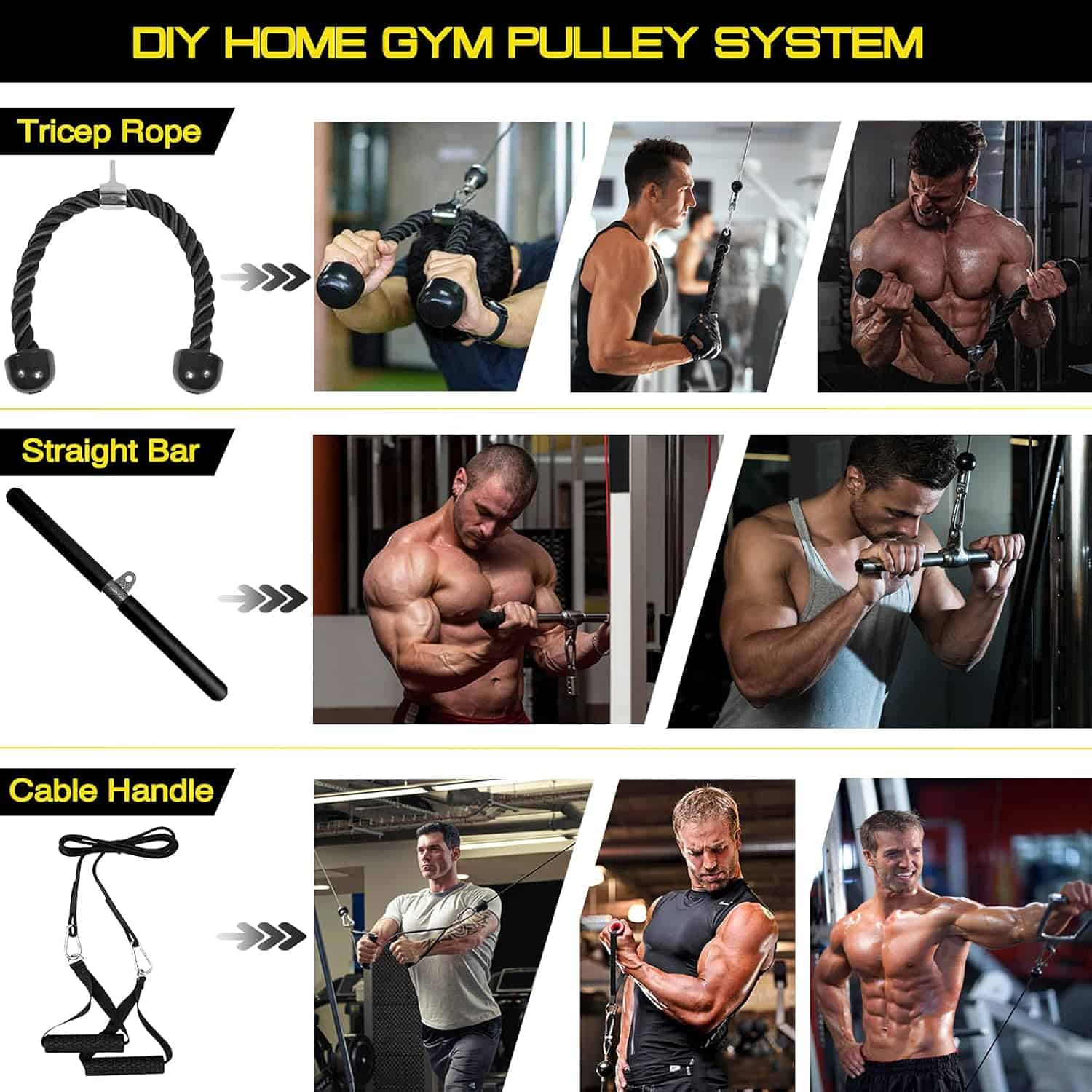 3-in-1 Pulley Cable System – LAT Pulldown, Tricep Rope & Cable Handle for Home Gym Naoeleii