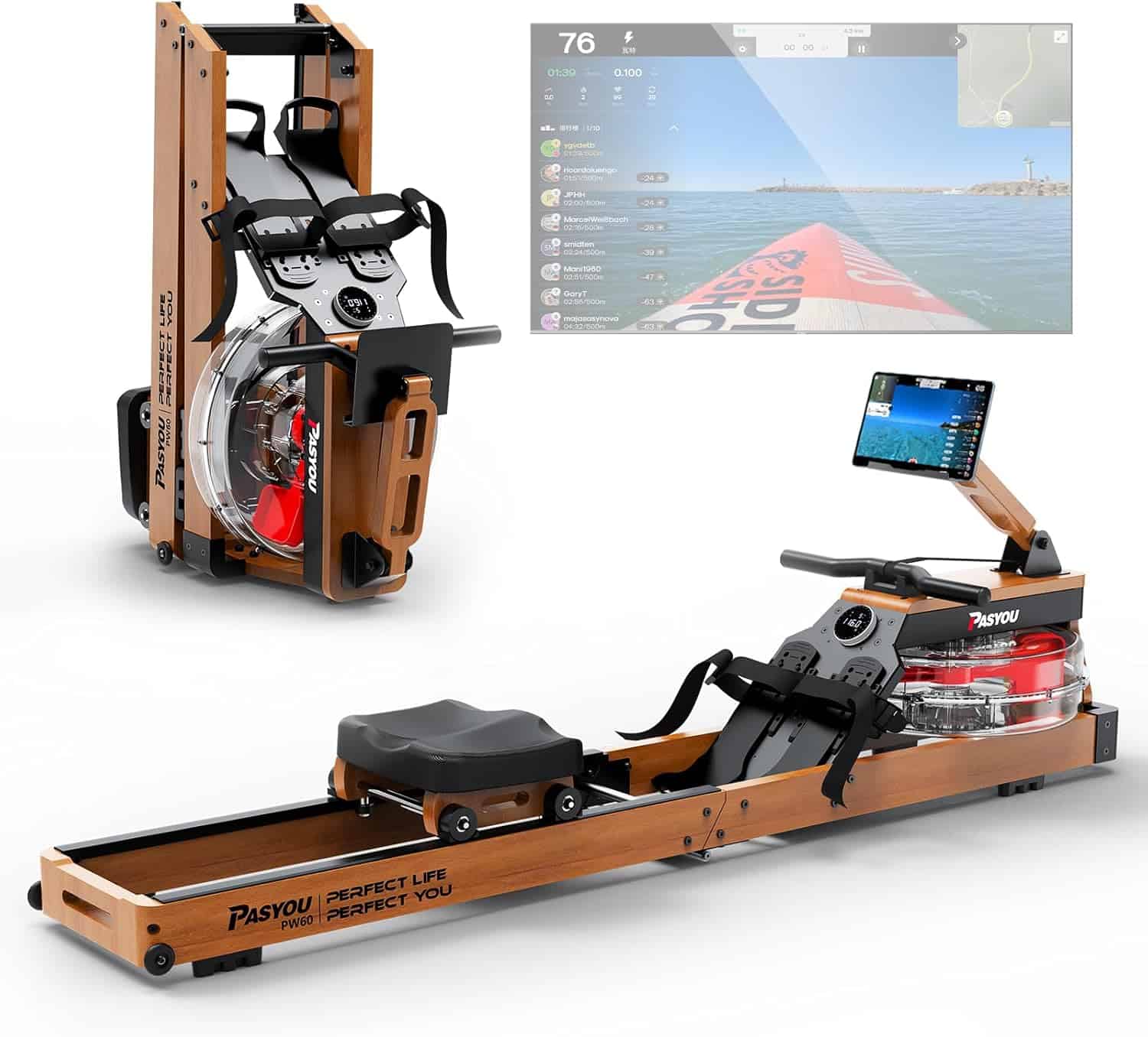 Adjustable tablet cradle on rowing machine for home fitness app