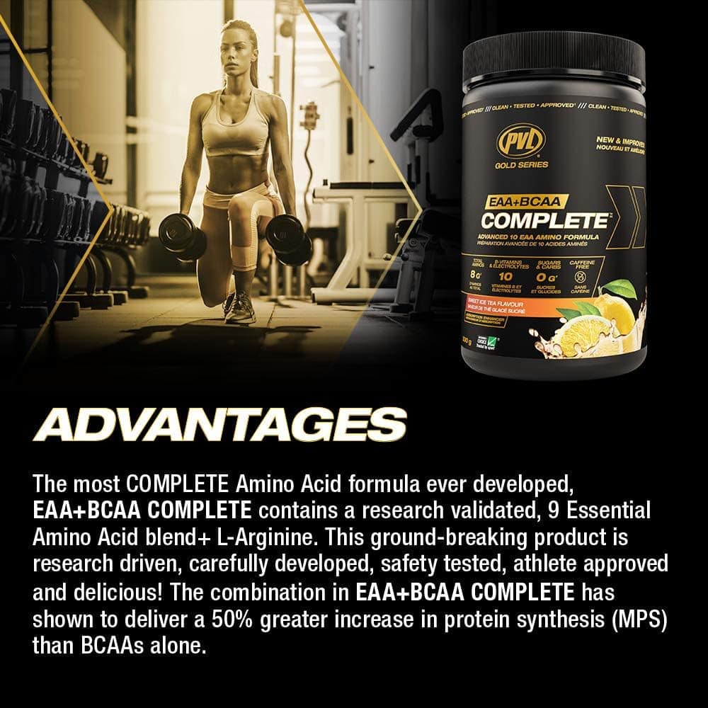 Supplement container with a person lifting weights in a gym setting, highlighting EAA+BCAA Complete supplement.