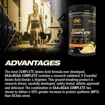 Supplement container with a person lifting weights in a gym setting, highlighting EAA+BCAA Complete supplement.