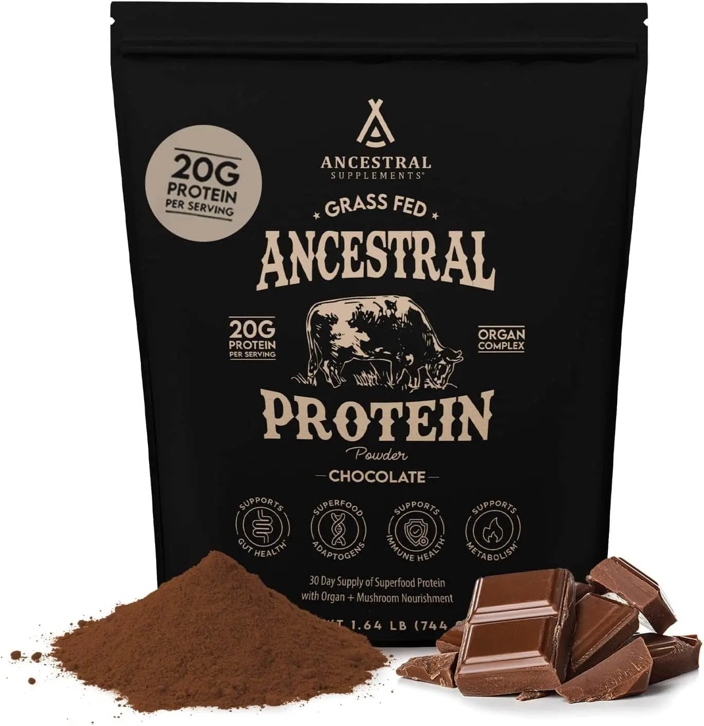 Ancestral Grass-Fed Bone Broth Protein Powder – Chocolate – 20g Protein with Beef Organs & Mushrooms – Gut & Immune Support