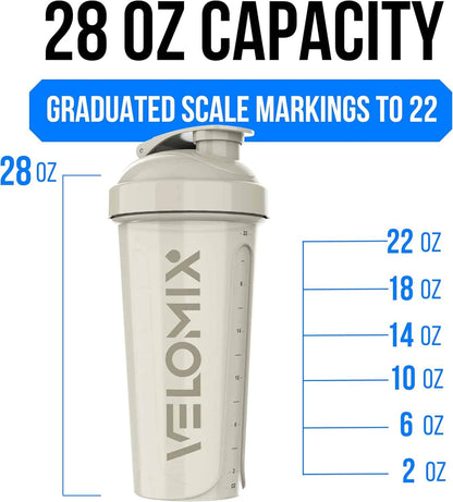 Shaker bottle with measurement markings and Velomix branding on a white background
