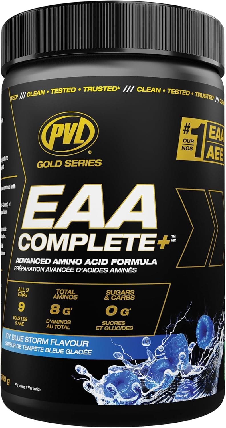 Black container of PVD Gold Series EAA Complete+ supplement with blue liquid splash design.