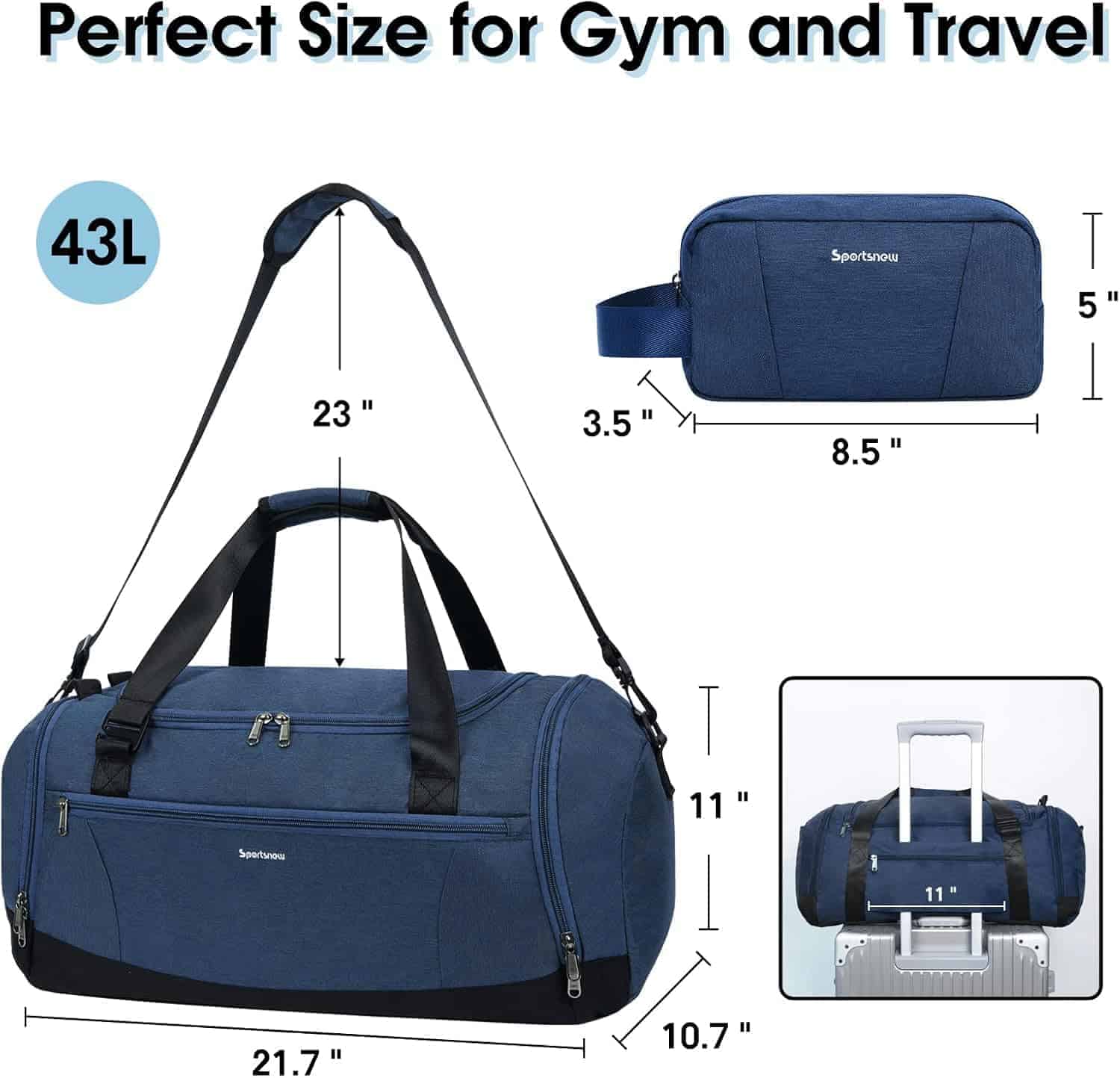 Blue duffel bag with measurements and travel accessories on a white background