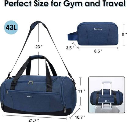 Blue duffel bag with measurements and travel accessories on a white background