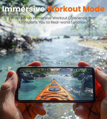 Person holding a phone with a kayak scene on screen, with text about immersive workout mode.