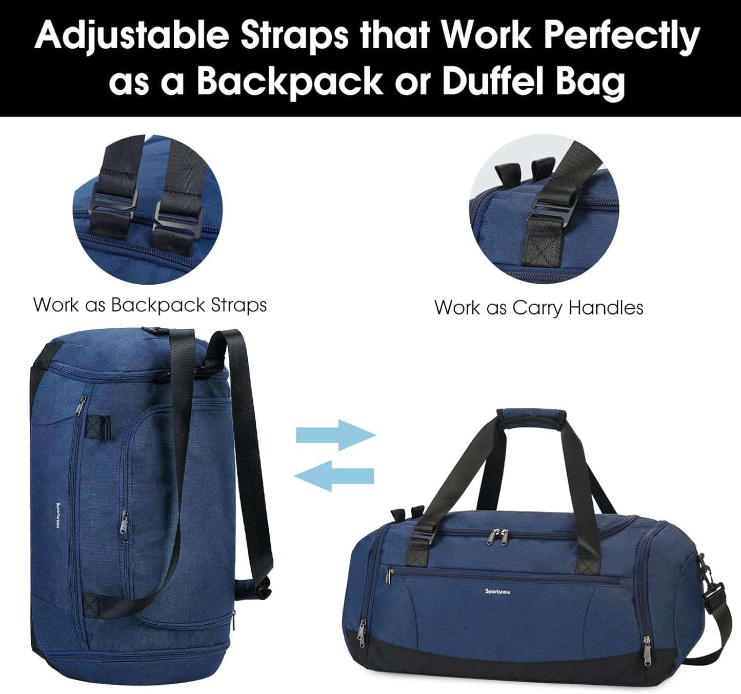 Blue duffel bag with adjustable straps shown as backpack straps and carry handles.