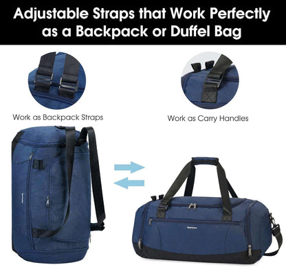Blue duffel bag with adjustable straps shown as backpack straps and carry handles.