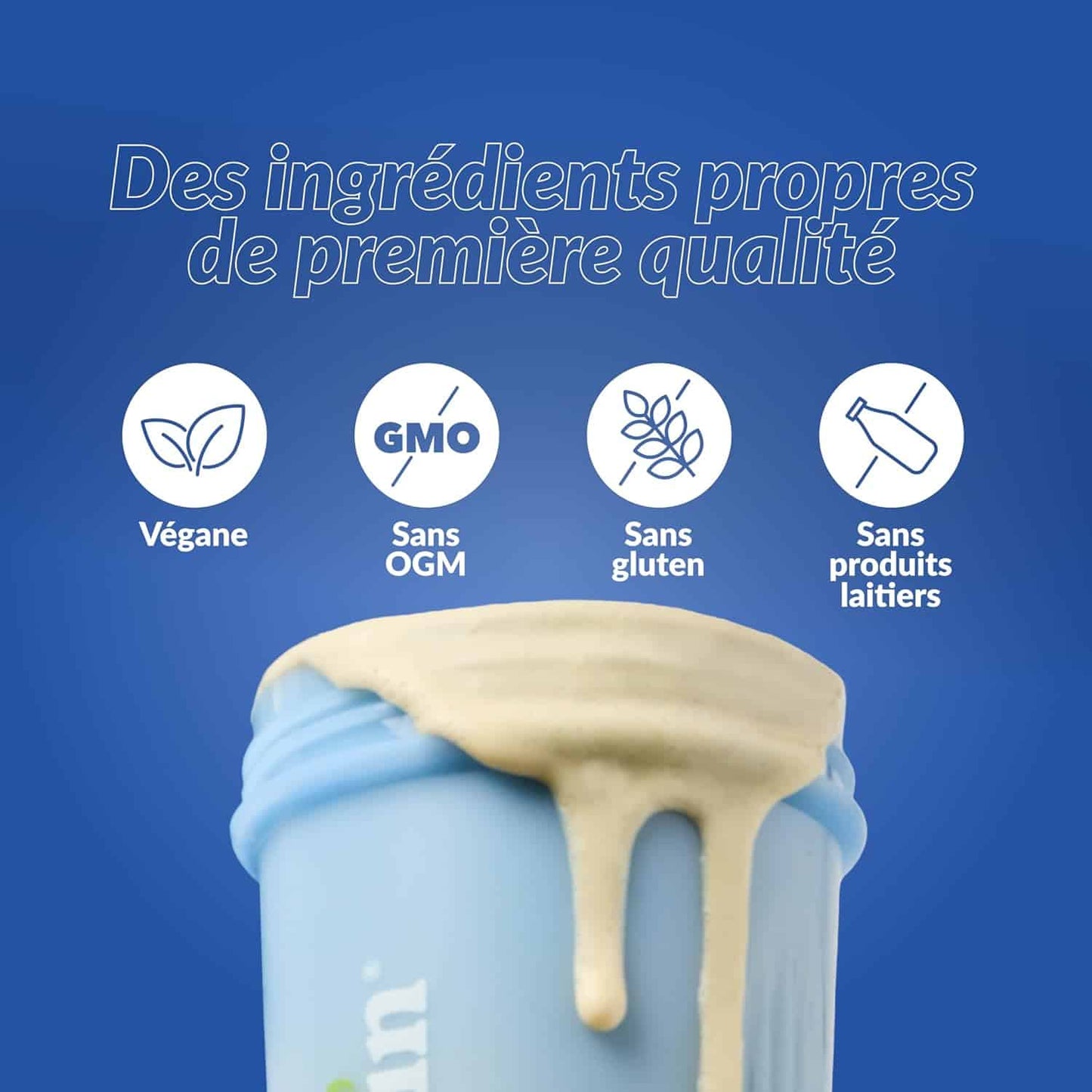 Blue container with beige substance, featuring icons and text on a blue background