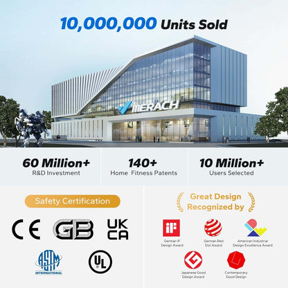 Modern building with Merach logo, showcasing company achievements and certifications.