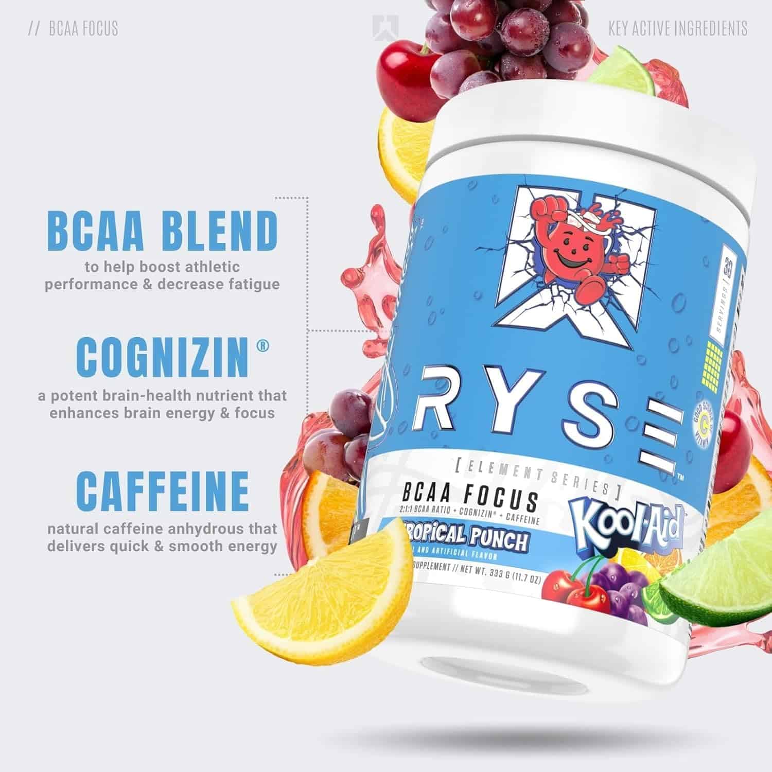 RYSE Element Series BCAA Focus | Tropical Punch | 333g | 5g BCAAs + Natural Caffeine + Cognizin® for Energy, Focus & Recovery