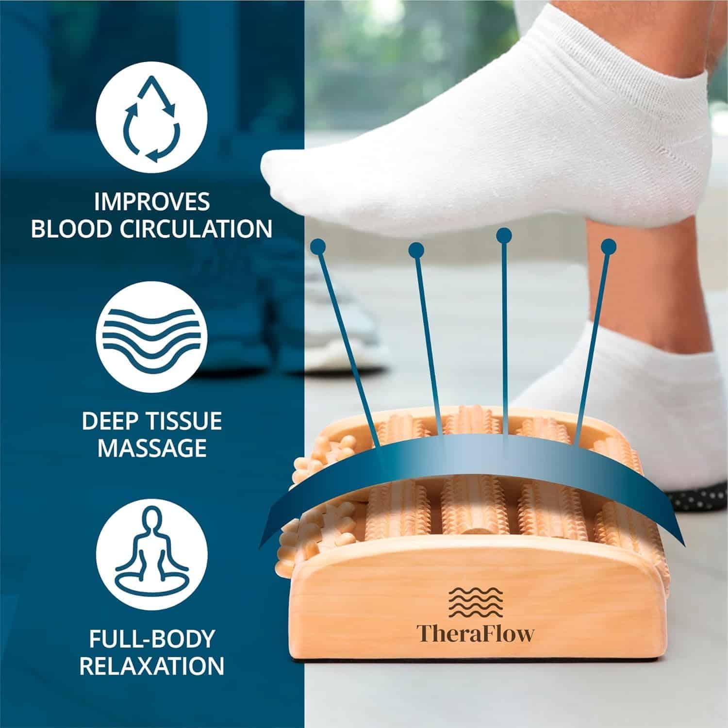 TheraFlow Wooden Foot Massager – Reflexology Roller for Plantar Fasciitis & Foot Pain Relief – Acupressure Tool for Stress & Neuropathy – Anti-Slip Design TheraFlow