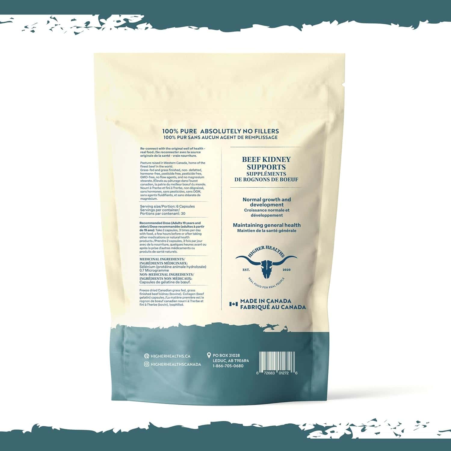 Higher Healths Grass Fed Beef Kidney Capsules – 3000mg per Serving | Freeze-Dried Organ Meat Supplement | Immune, DAO & Kidney Health Support | 180 Capsules | 100% Canadian Sourced FitCore Supply