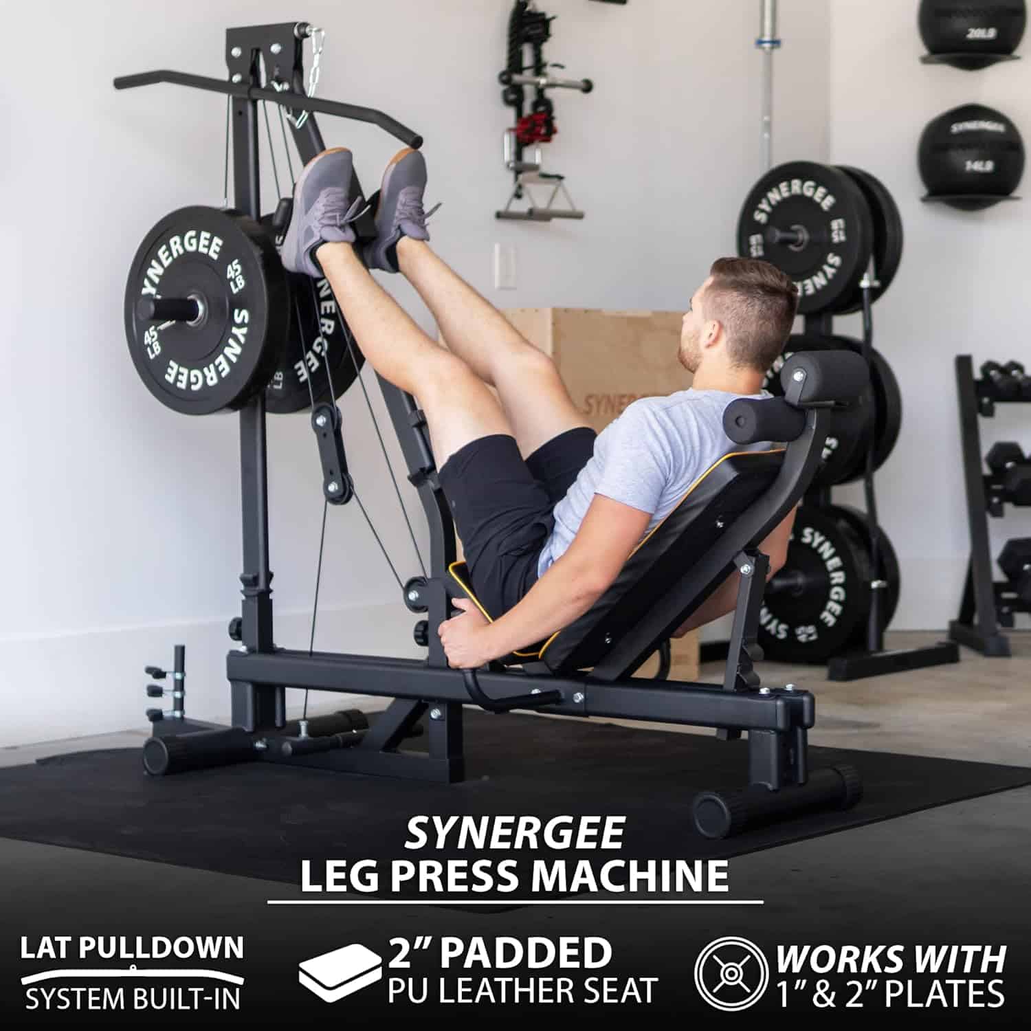 Synergee Leg Press Machine with Lat Pull Down – Full Body Home Gym Equipment for Glutes, Quads, Hamstrings – 400 lb Weight Capacity – Compatible with 1" & 2" Plates Synergee