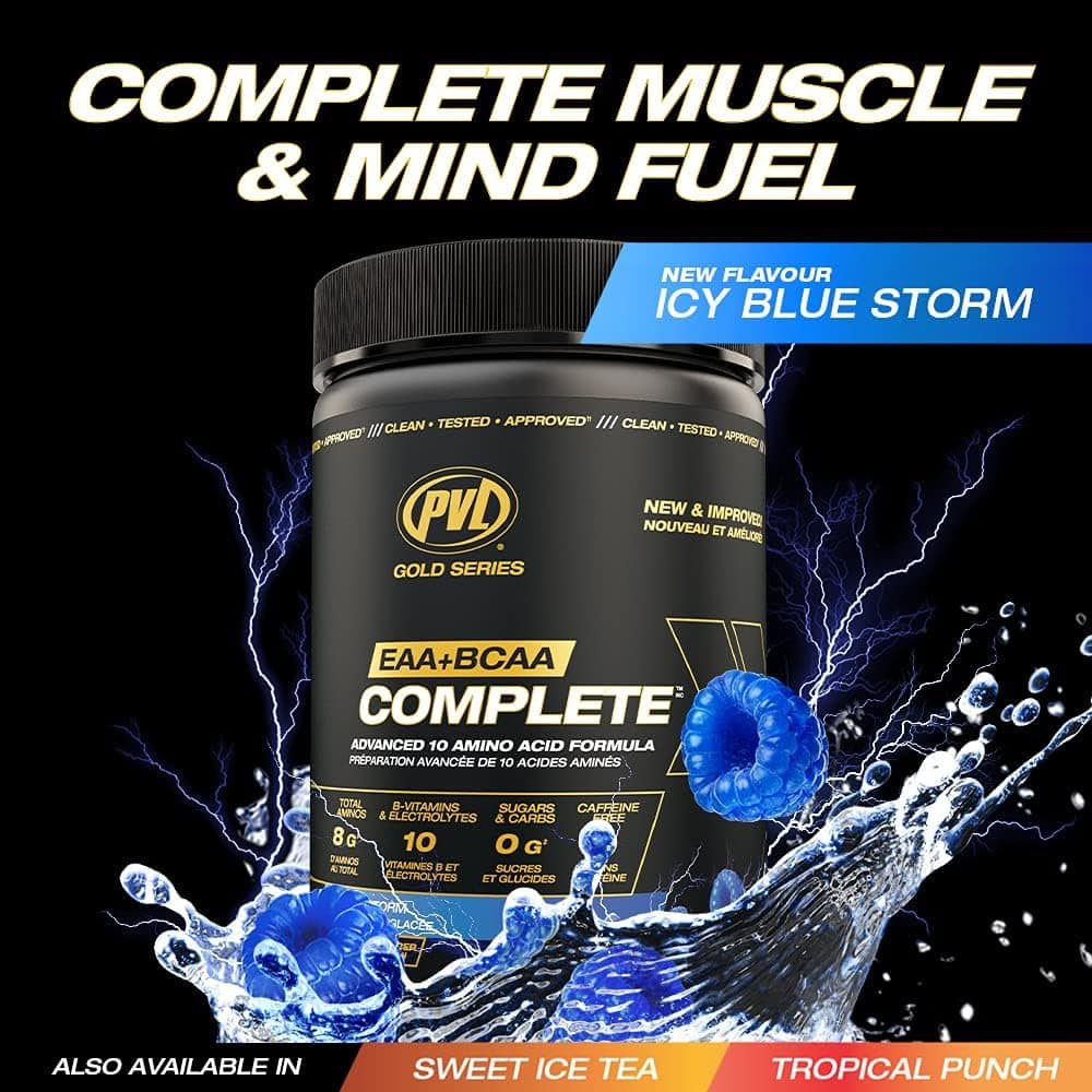 PVD Gold Series EAA+BCAA Complete supplement with icy blue storm flavor on a black background