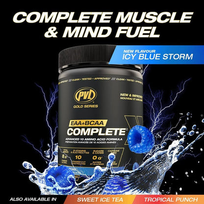 PVD Gold Series EAA+BCAA Complete supplement with icy blue storm flavor on a black background
