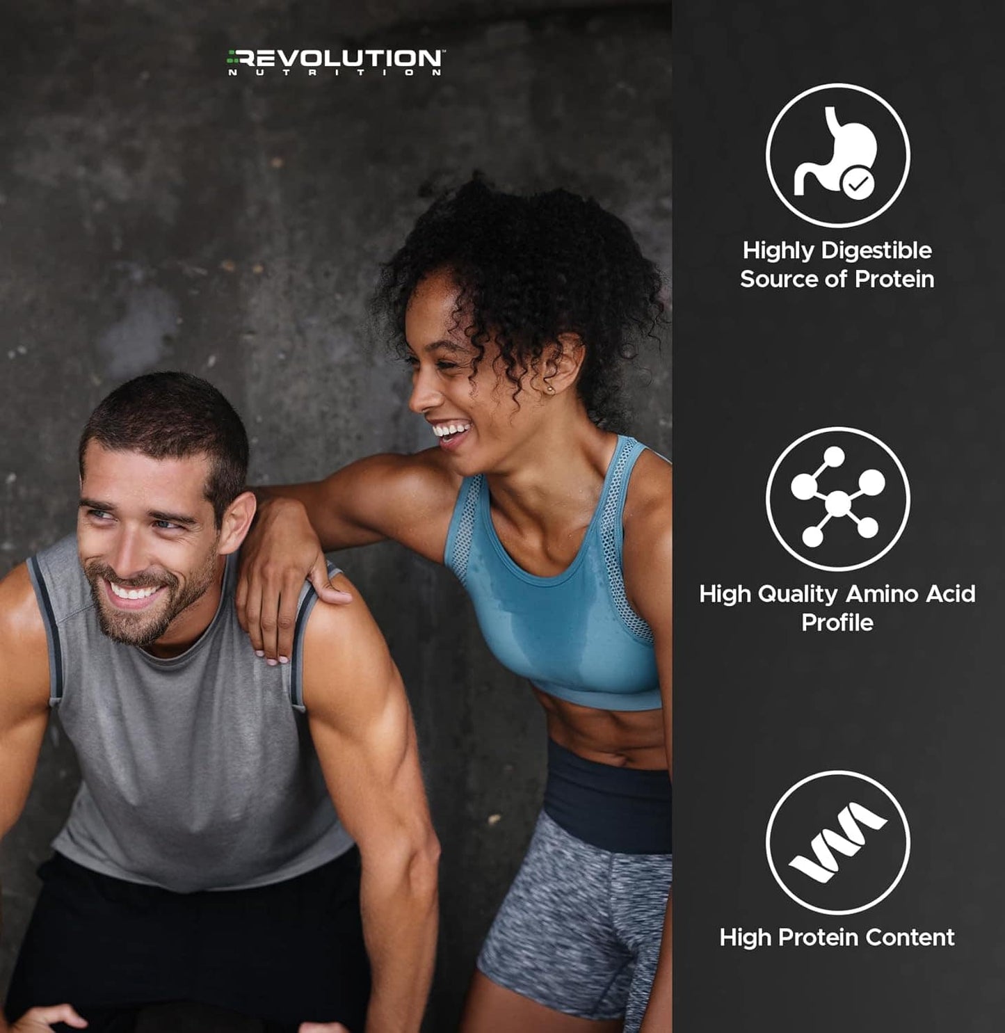 Two people in athletic wear with Revolution Nutrition branding and nutritional benefits listed on a dark background.