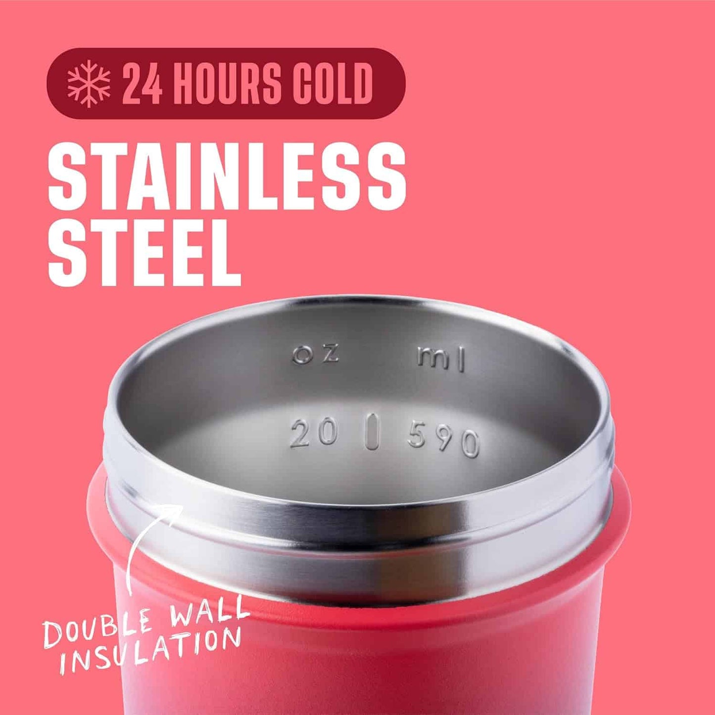Red stainless steel tumbler with double wall insulation on a pink background