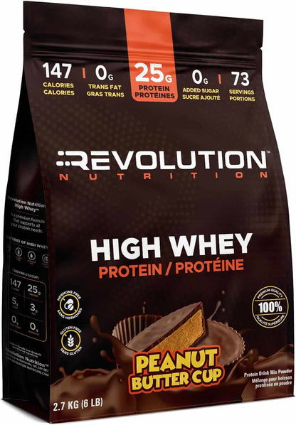 Revolution Nutrition High Whey Protein package with peanut butter cup flavor on a white background