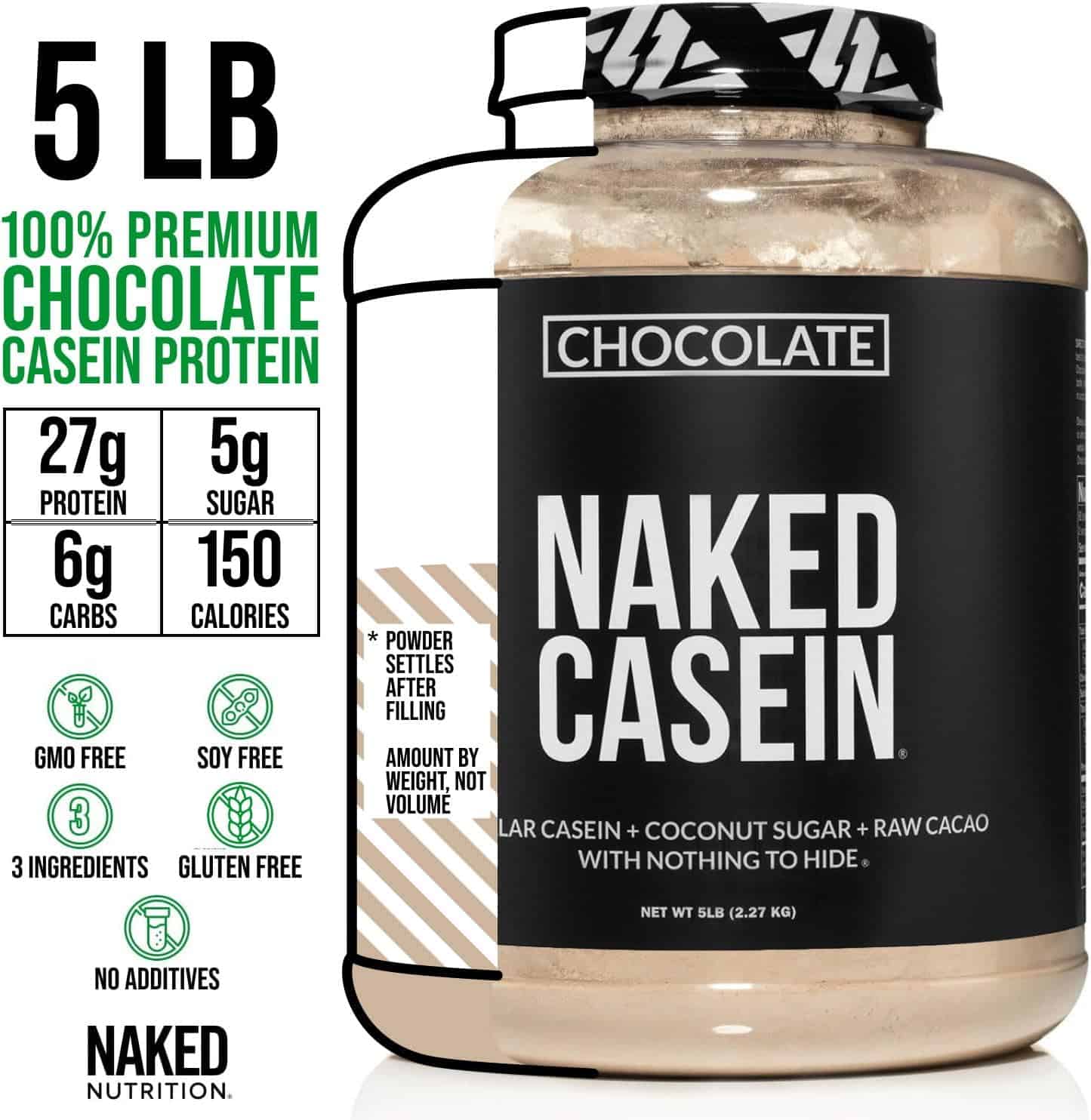 Naked Casein protein powder container with nutritional information on a white background