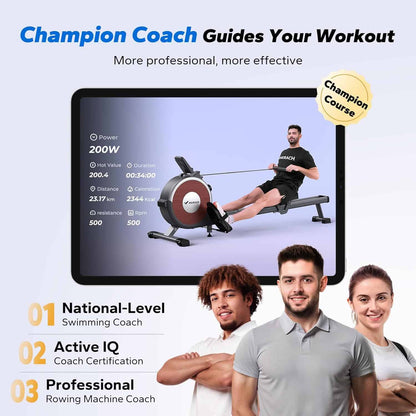 Advertisement for Champion Coach with a rower on a screen and three people standing below.